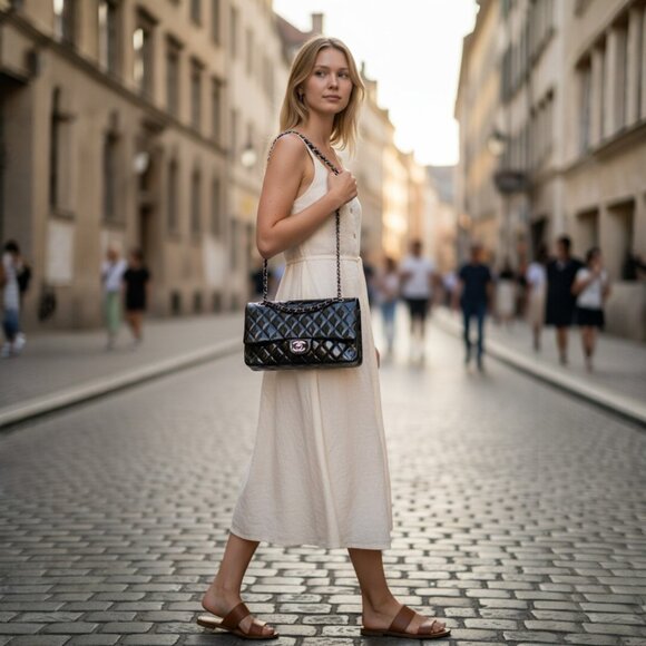 Chanel Black Quilted Patent Leather Chain Link Medium Double Designer Handbag - Picture 12 of 14